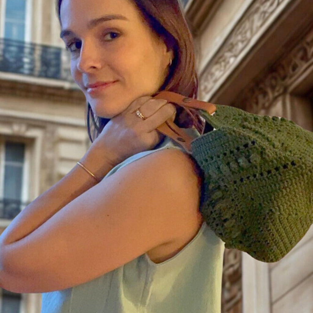 Sac en crochet fait main – Coton crème et anses cuir