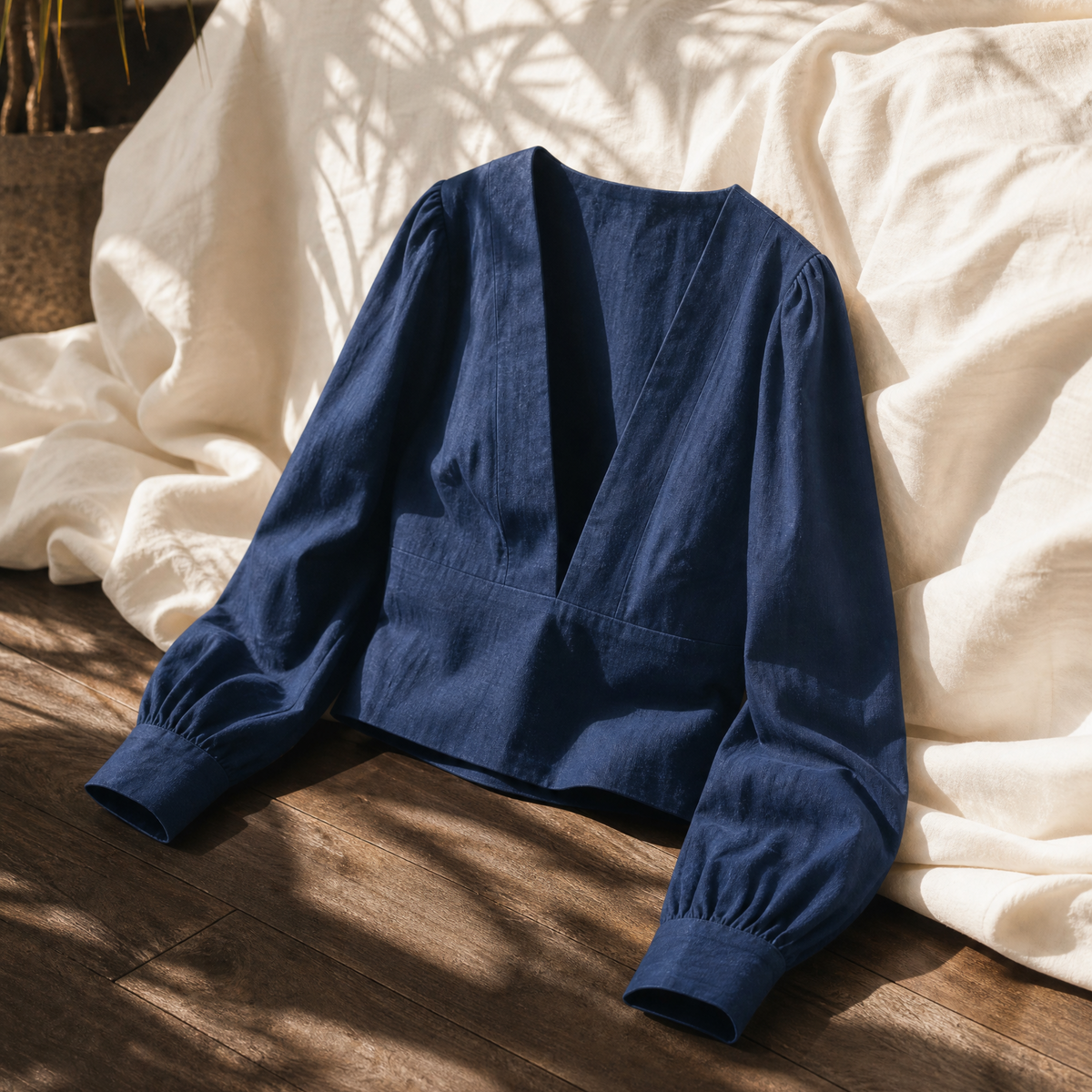 Blouse en coton indigo végétal – Manches bouffantes | Décolleté profond