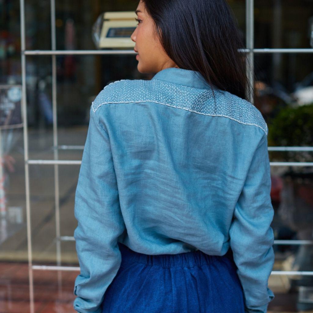 Chemise Artisanale en Lin Bleue