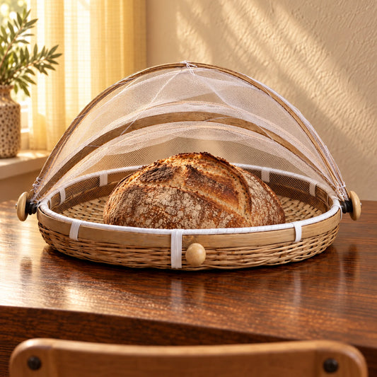 Cloche alimentaire en bambou tressé à la main avec moustiquaire, protégeant un pain de campagne