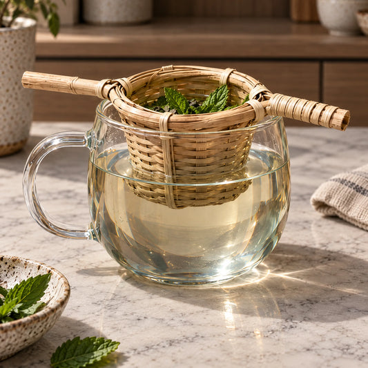 Infuseur à thé en bambou fait main posé sur une tasse en verre avec menthe fraîche