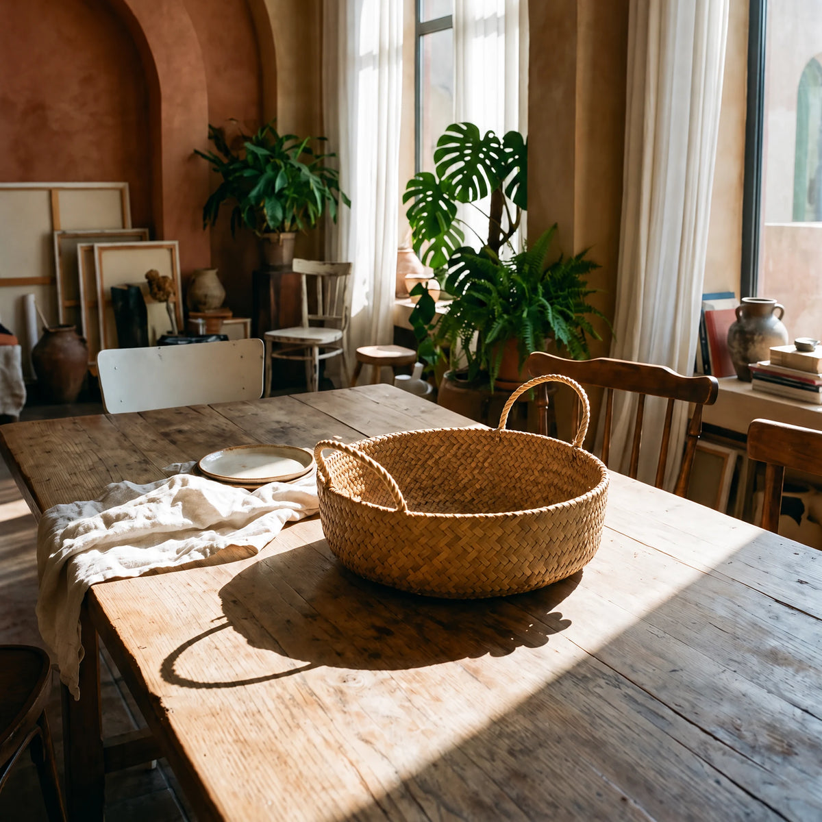 Panier Rond en Roseau Tressé Main à Anses – Rangement ou Corbeille à Fruits