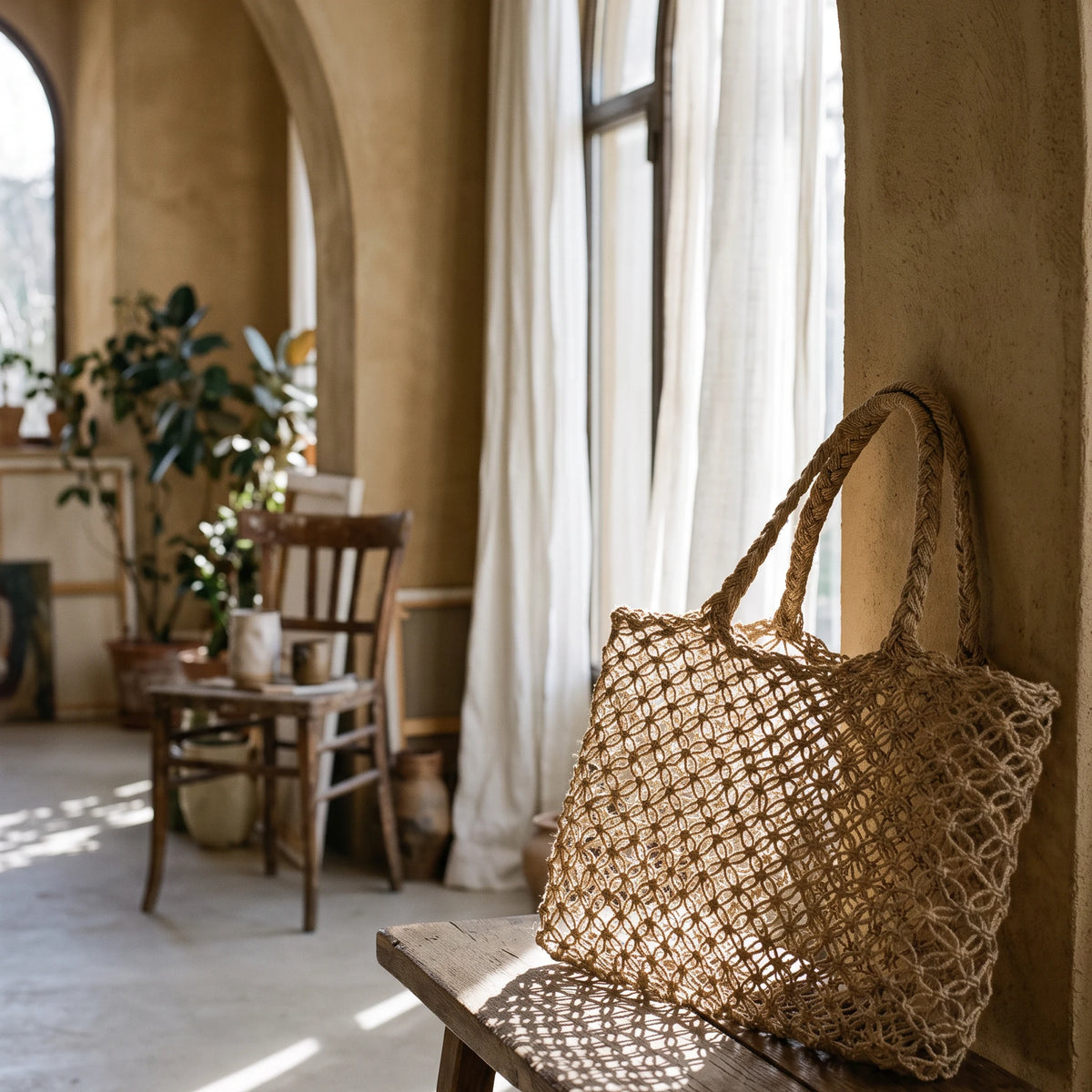 Sac Cabas Tressé en Roseau Naturel – Panier de Marché Fait Main en Thaïlande
