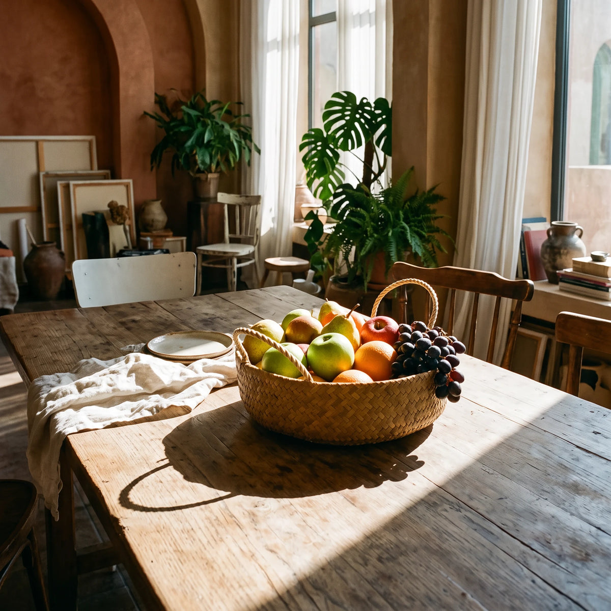 Panier Rond en Roseau Tressé Main à Anses – Rangement ou Corbeille à Fruits