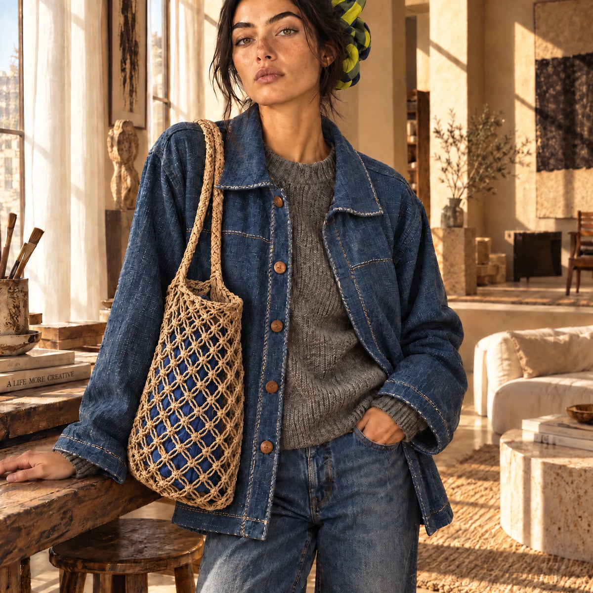 Sac Cabas Tressé en Roseau Naturel – Panier de Marché Fait Main en Thaïlande