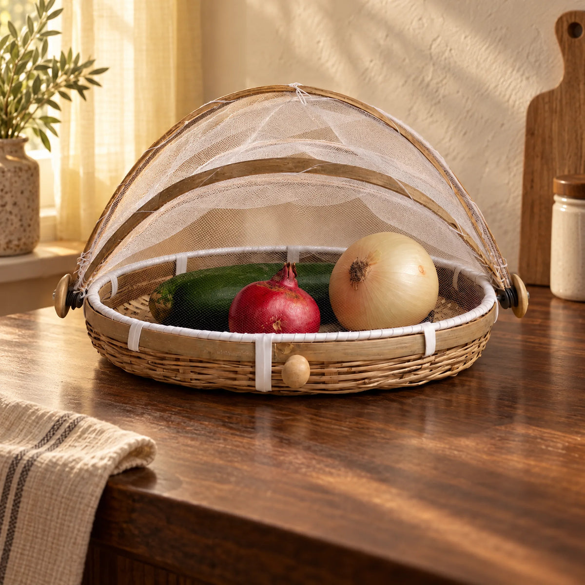 Cloche alimentaire en bambou avec moustiquaire protégeant des légumes frais en cuisine