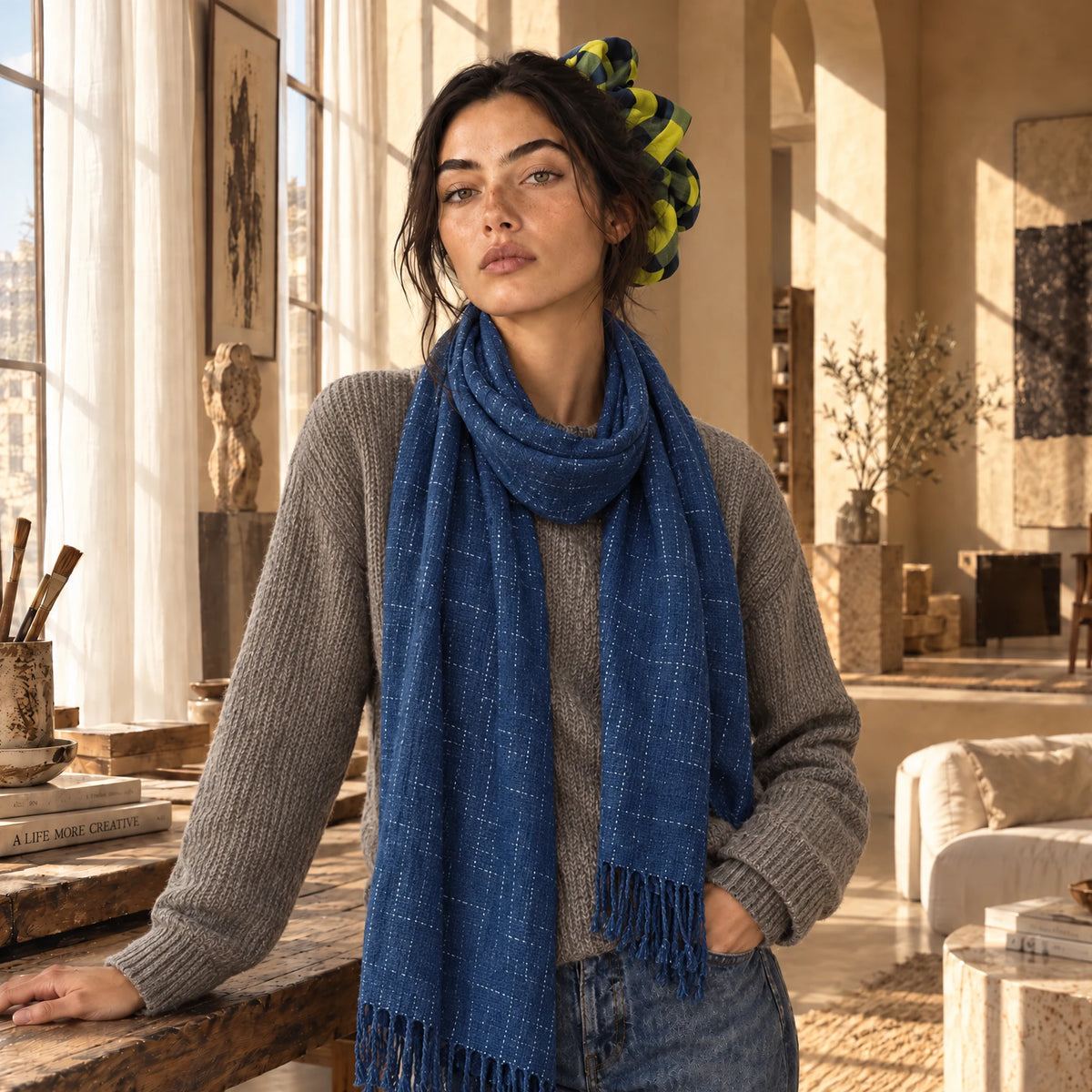 Écharpe Indigo Naturel Tissée Main – 200 x 40 cm