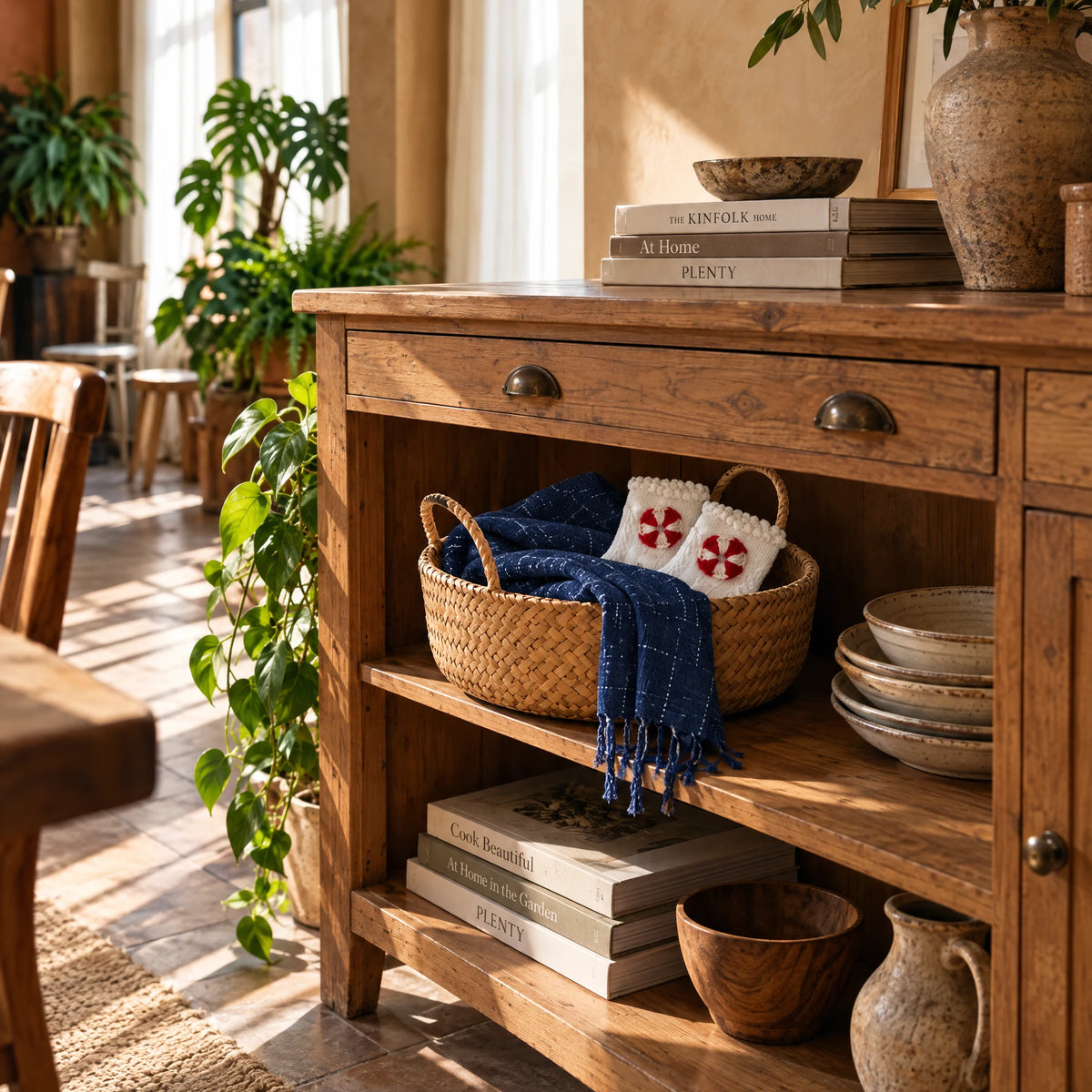 Panier Rond en Roseau Tressé Main à Anses – Rangement ou Corbeille à Fruits