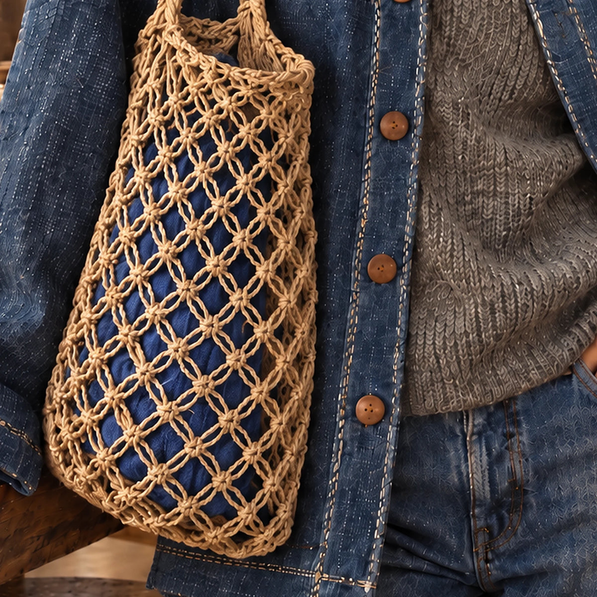Sac Cabas Tressé en Roseau Naturel – Panier de Marché Fait Main en Thaïlande