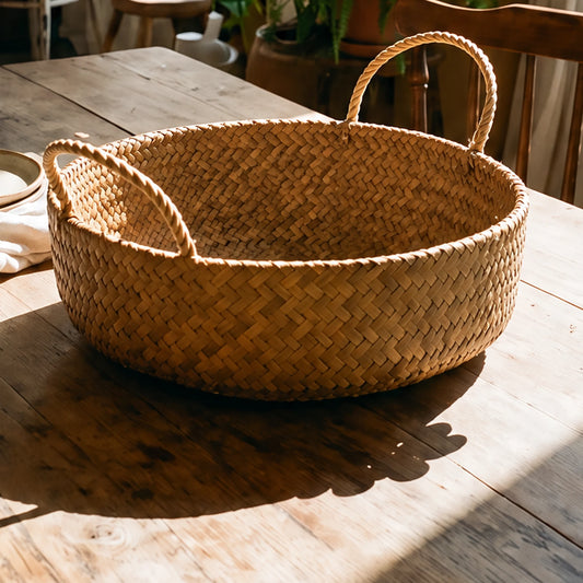 Panier Rond en Roseau Tressé Main à Anses – Rangement ou Corbeille à Fruits