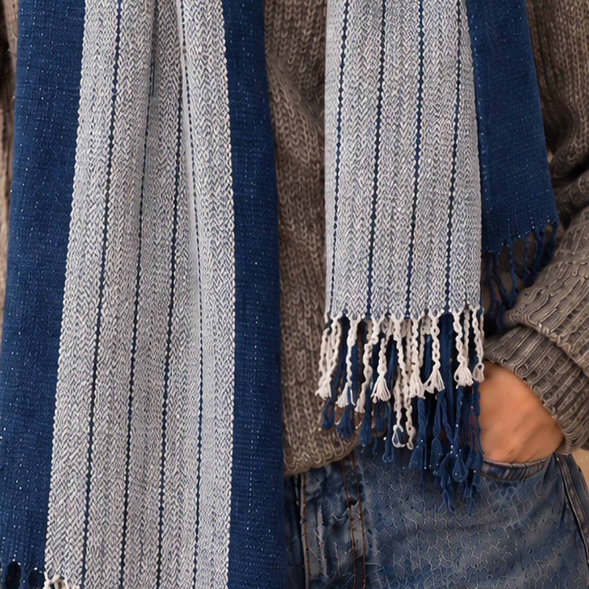 Écharpe Indigo Naturel Tissée Main – 200 x 40 cm