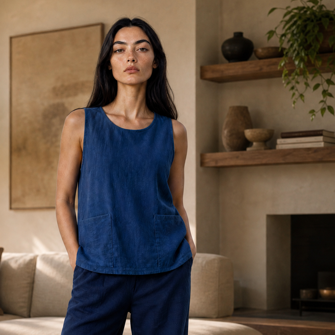 Top en coton indigo naturel – Deux poches signature | Taille unique