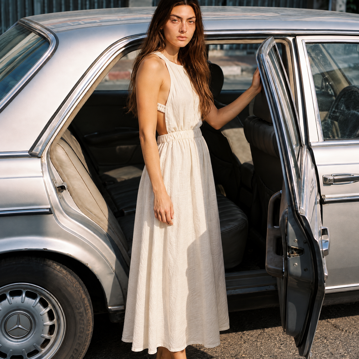 Robe -mi Longue Dos Nu en Coton Naturel