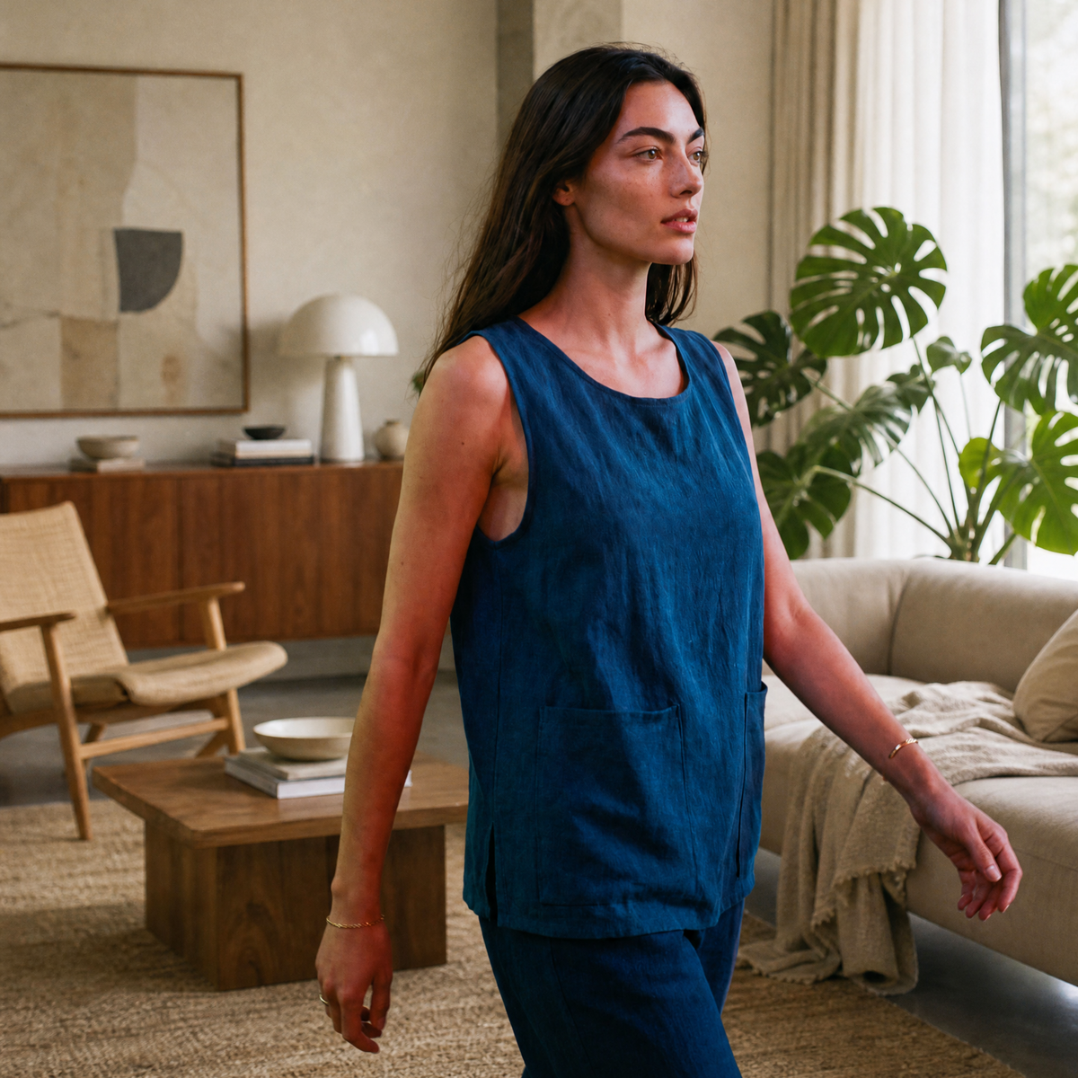 Top en coton indigo naturel – Deux poches signature | Taille unique