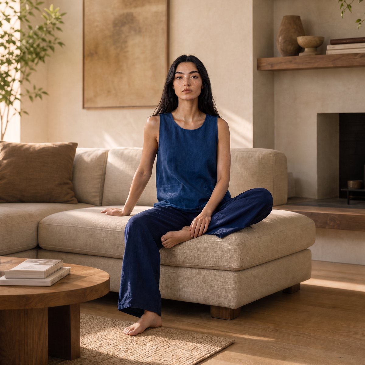 Top en coton indigo naturel – Deux poches signature | Taille unique