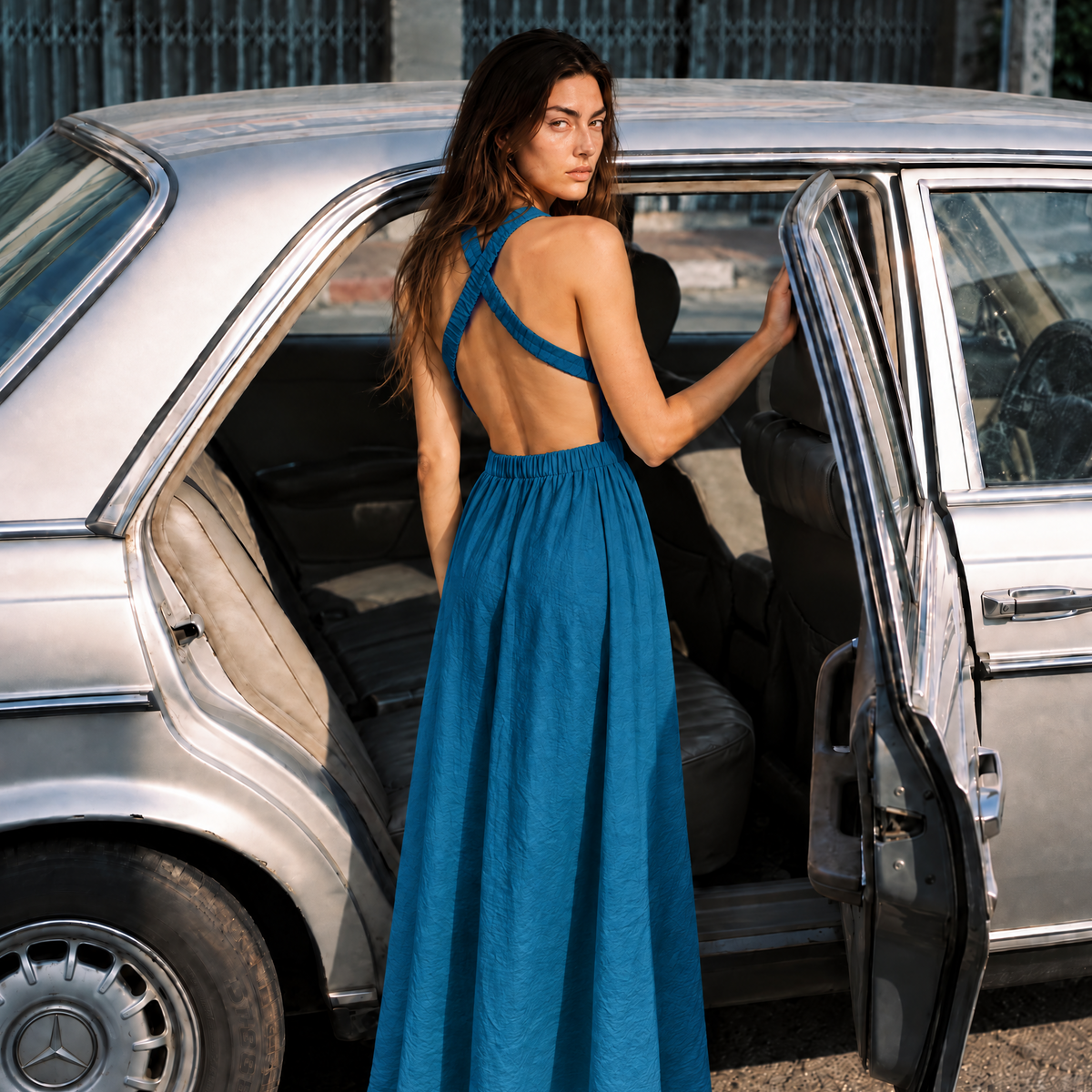 Robe -mi Longue Dos Nu en Coton Naturel