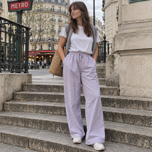 Pantalon Tara unisexe en coton naturel, coupe large et taille à cordon – vue 2
