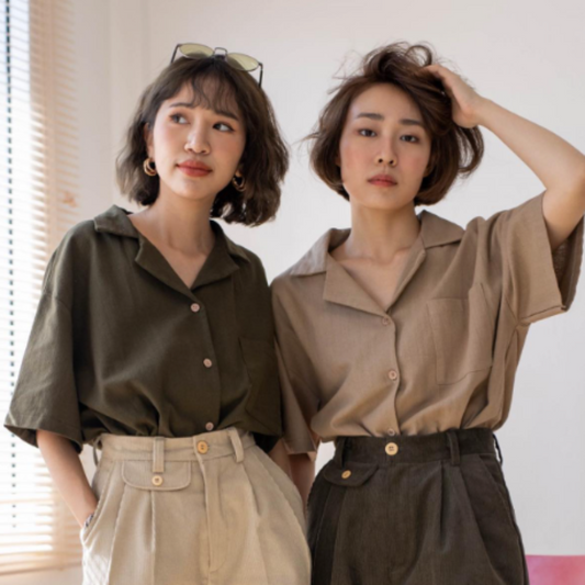 Chemise Manches Courtes en Coton - Look Rétro avec Teinture Naturelle