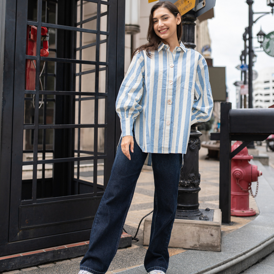Chemise femme rayée à manches ballons en coton – vue 2